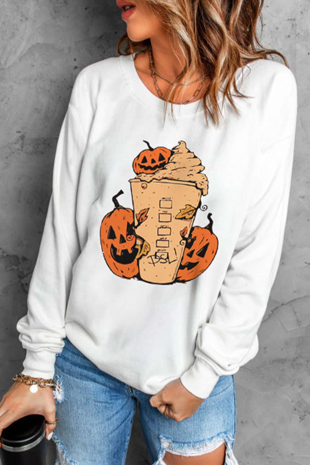 Halloween Pumpkin Spice Latte Graphic Round Neck Sweatshirt