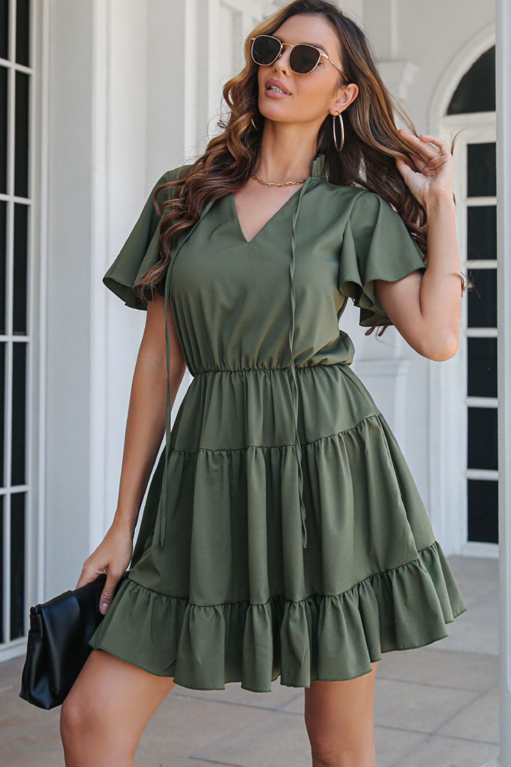 Tie Neck Tiered Flutter Sleeve Dress