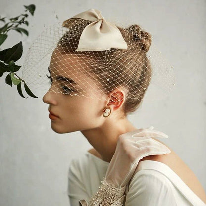Vintage Bridal Cage Veil with Pearls and Bow