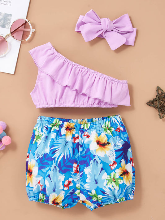 Baby Girl One-Shoulder Ruffled Top and Floral Shorts Set