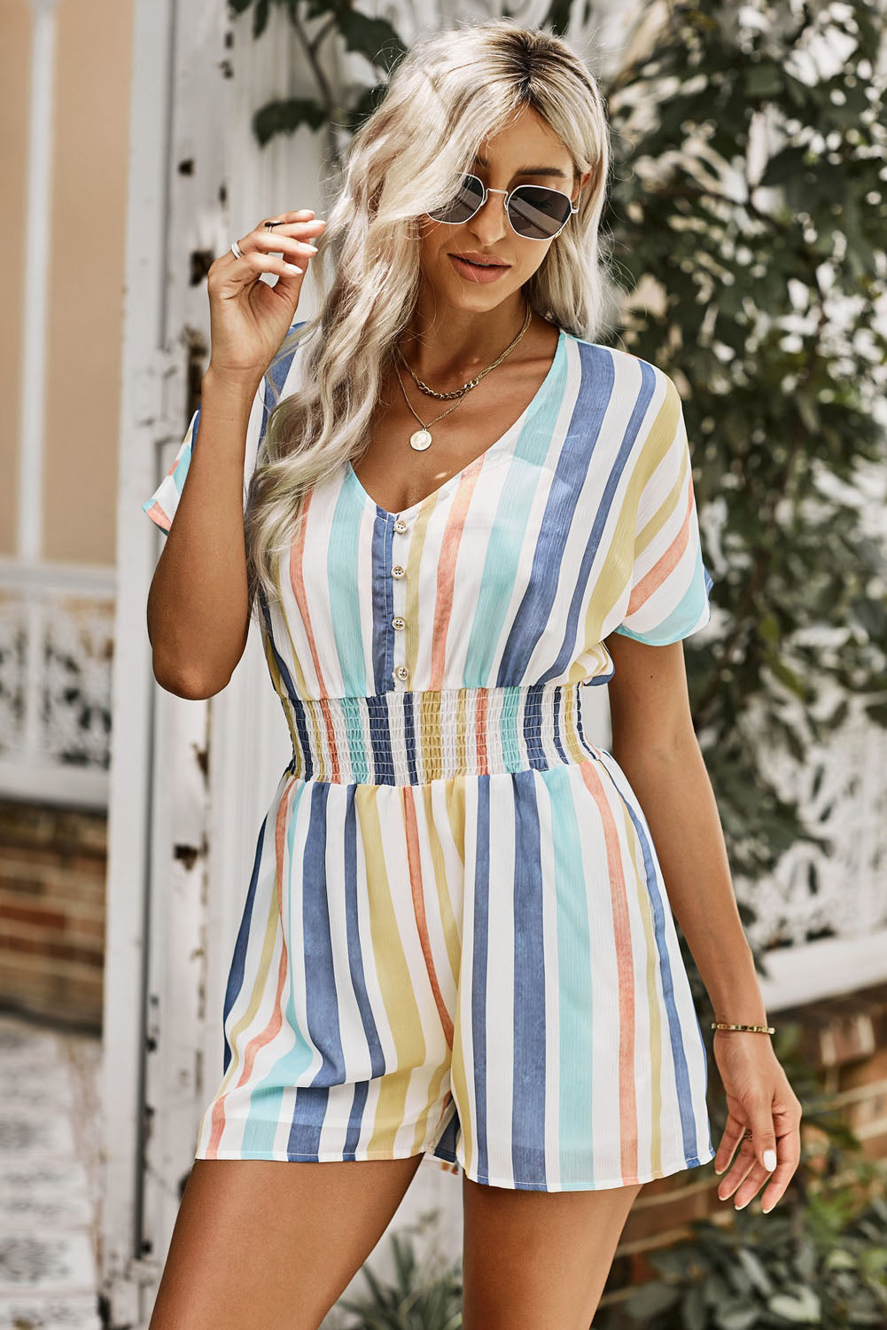 Multicolored Stripe V-Neck Smocked Waist Romper