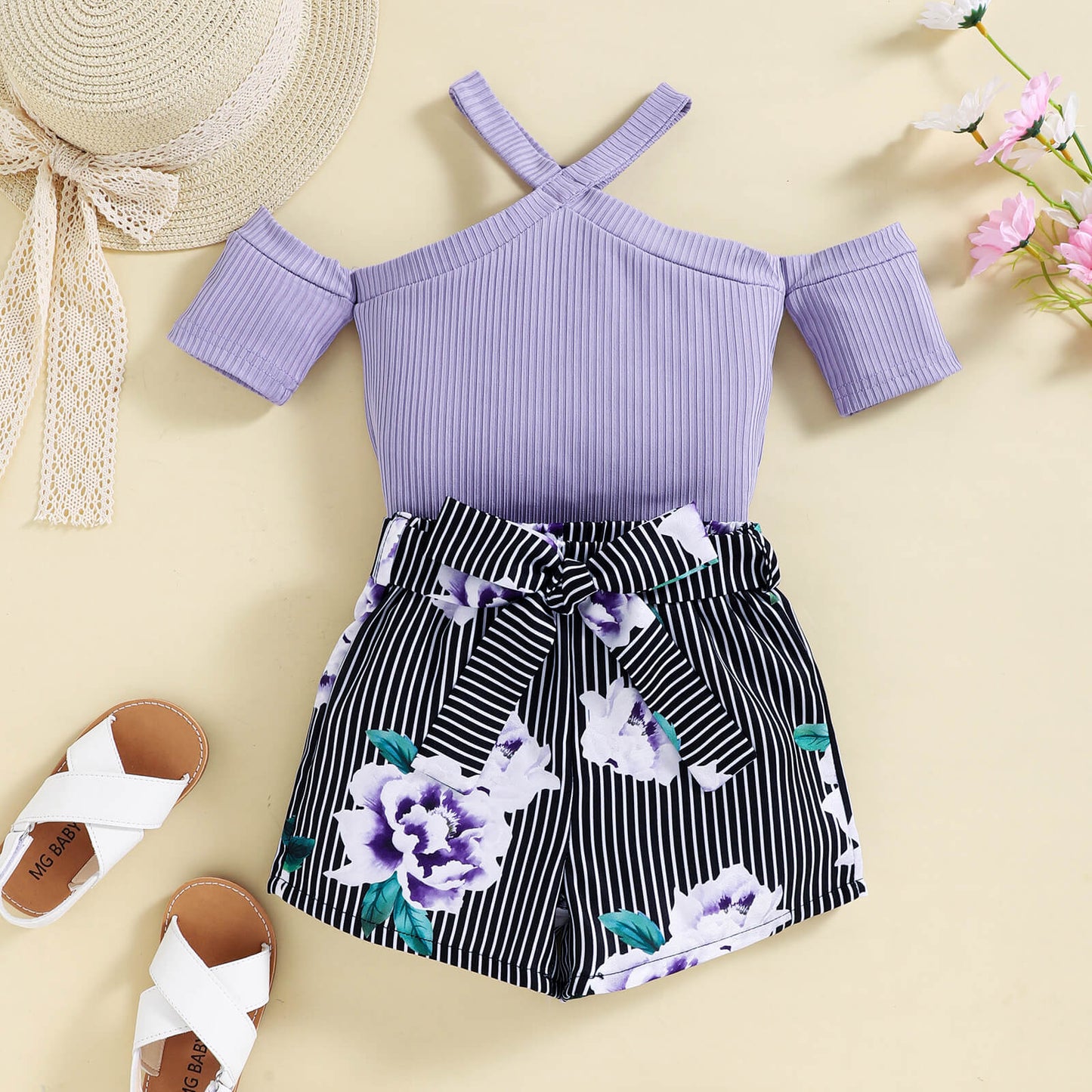 Girls Ribbed Cold-Shoulder Top and Mixed Print Belted Shorts Set