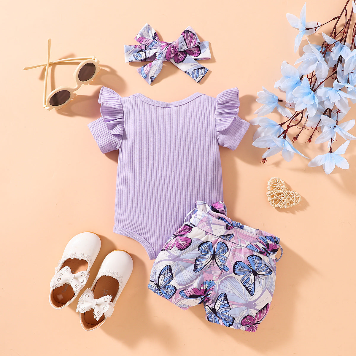 Ribbed Ruffle Shoulder Bodysuit and Butterfly Print Shorts Set