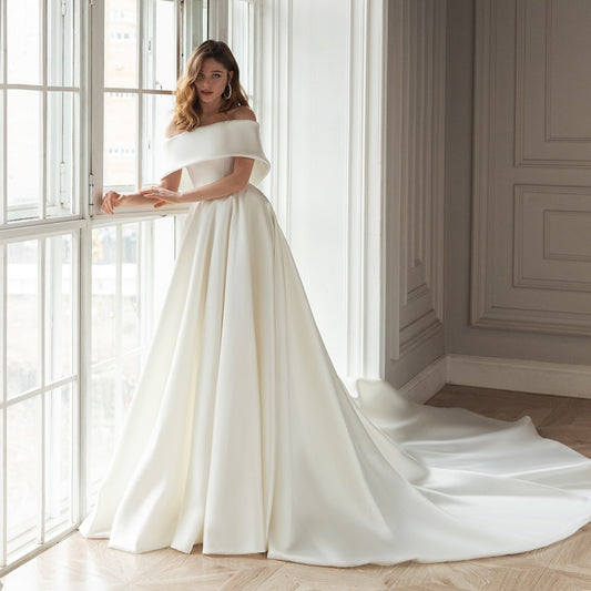 Vestidos De Novia A-Line Wedding Dress Off the Shoulder Simple Robe De Mariage Boat Neck Satin Trouwjurk Bride Dresses Gelinlik