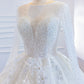 Sparkly Long Sleeve Ball Gown Princess Wedding Dress with Handmade Flowers, Beading, and Pearls