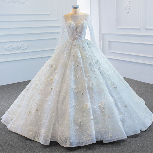 Sparkly Long Sleeve Ball Gown Princess Wedding Dress with Handmade Flowers, Beading, and Pearls