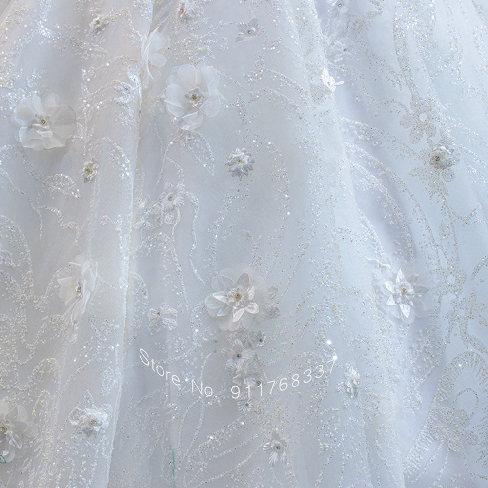 Sparkly Long Sleeve Ball Gown Princess Wedding Dress with Handmade Flowers, Beading, and Pearls