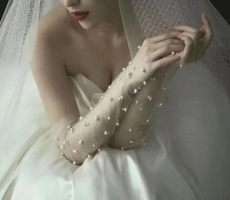 Long Sheer Wedding Gloves with Pearls