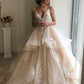 Champagne Floral Lace Wedding Dresses with Back Cutout and Ruffles Ballgown