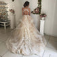 Champagne Floral Lace Wedding Dresses with Back Cutout and Ruffles Ballgown