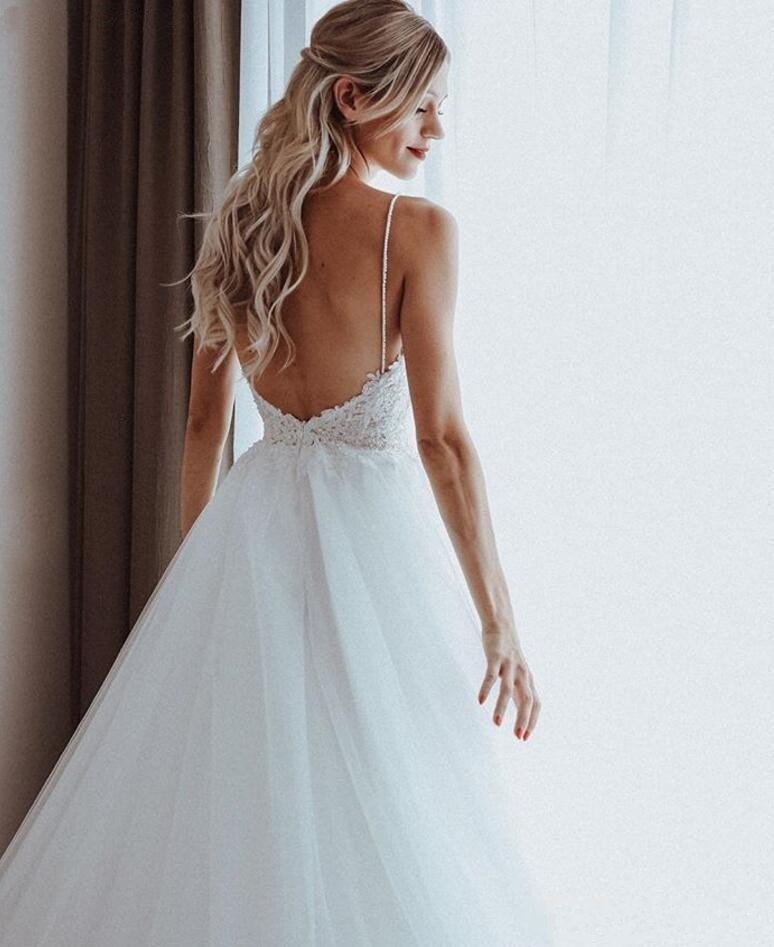 Backless Lace Wedding Dresses with Spaghetti Straps with A-Line Silhouette