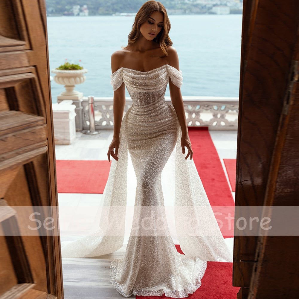 Georgeos Sparkle Wedding Dress Off-The-Shoulder Simple Mermaid Wedding Gown