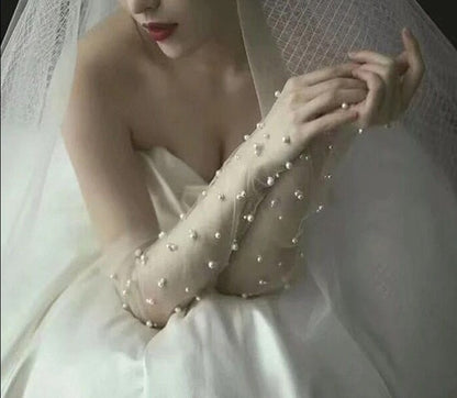 Long Sheer Wedding Gloves with Pearls