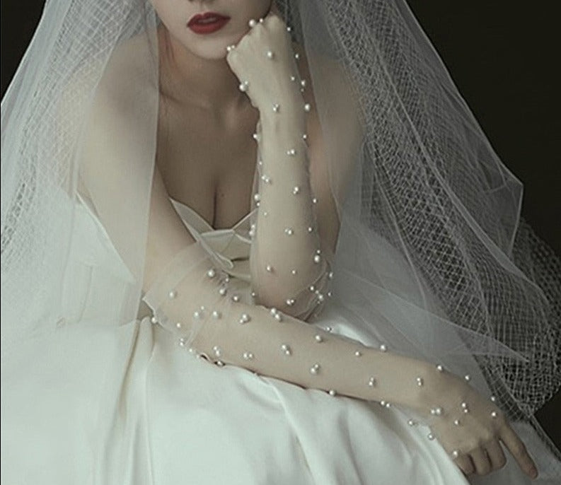 Long Sheer Wedding Gloves with Pearls