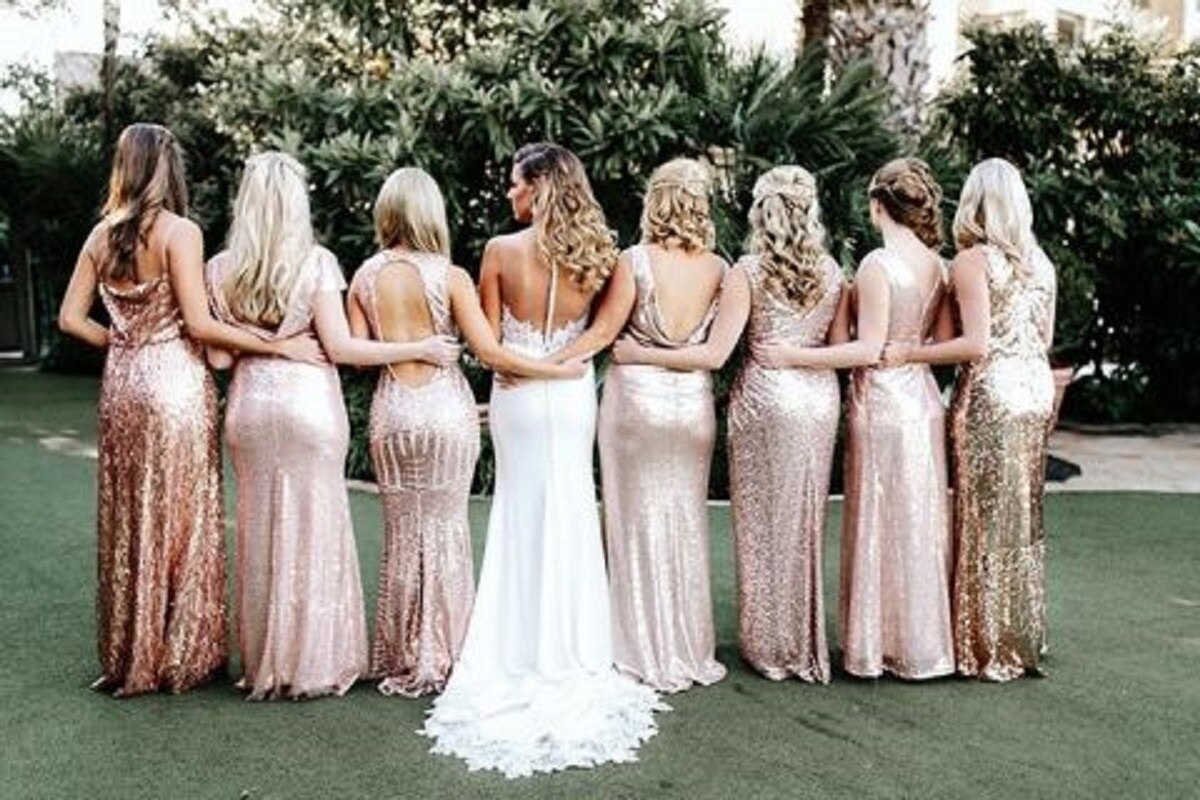 Champagne Gold Sequin Bridesmaid Dresses with Short Sleeves