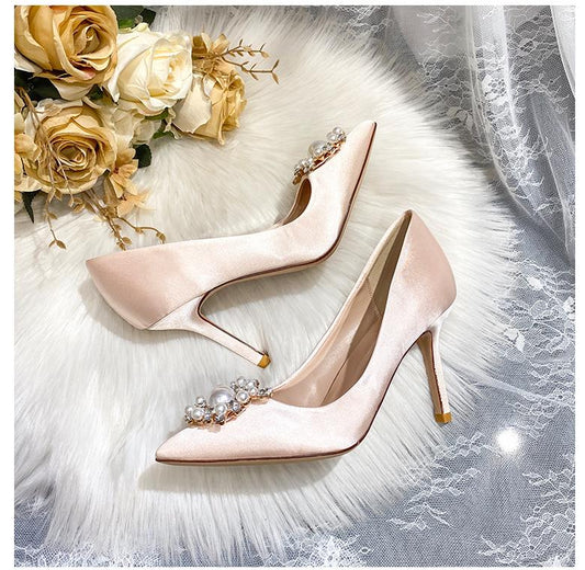 Champagne Satin High Heels with Toe Embellishment (7 cm or 2.76 inches)