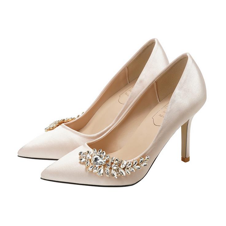 Champagne Satin Pumps with Side Rhinestone Embellishment (7 cm height)