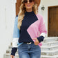 Color Block Mock Neck Ribbed Trim Sweater