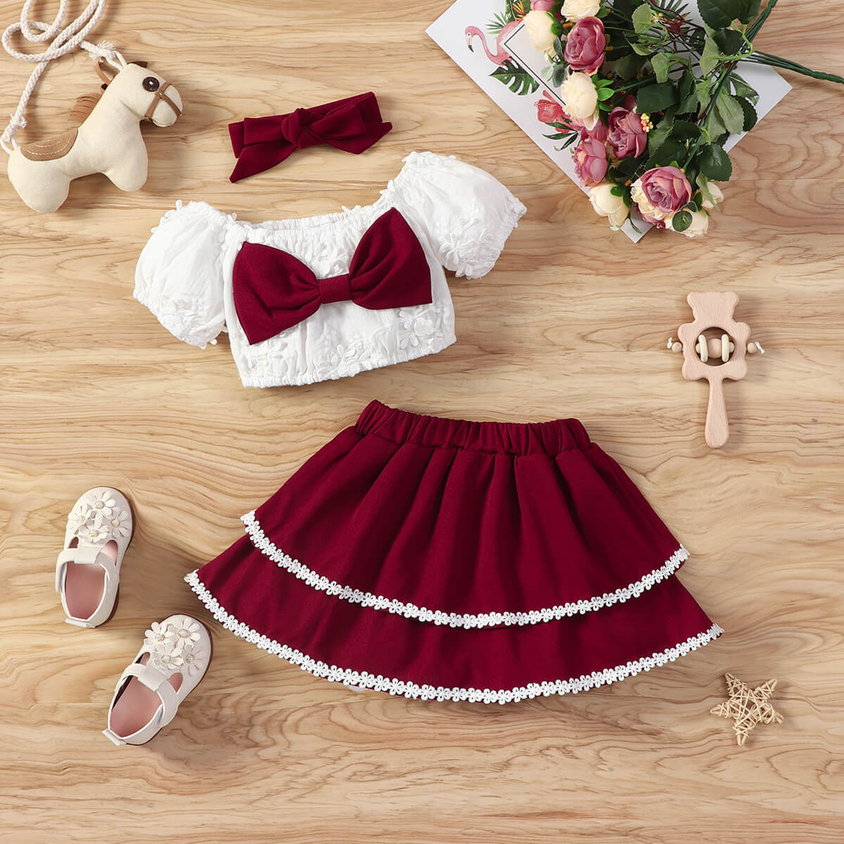 Baby Girl Bow Detail Cropped Top and Skirt Set